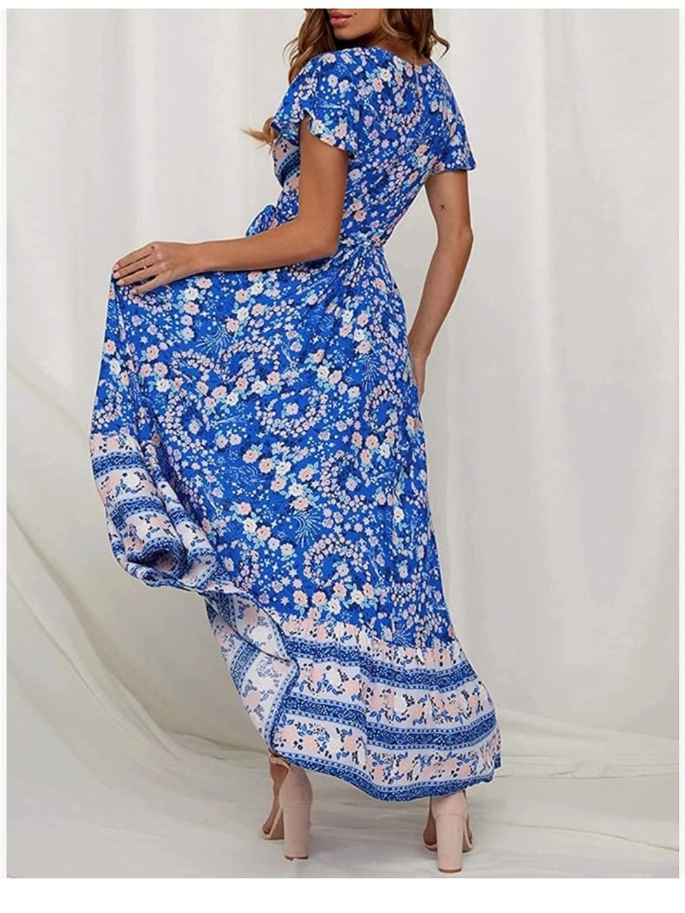Blue Floral Wrap Maxi Dress with Tie Waist - Picture 10 of 10